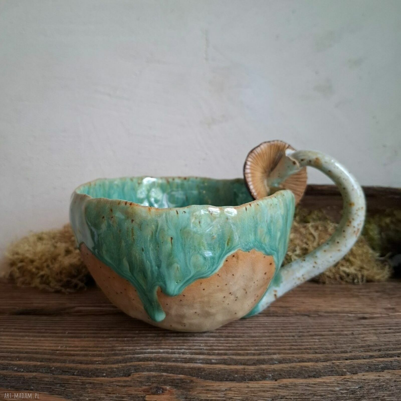 Kubek ceramiczny Grzyb - ręcznie lepiony z turkusowym szkliwem, 400 ml