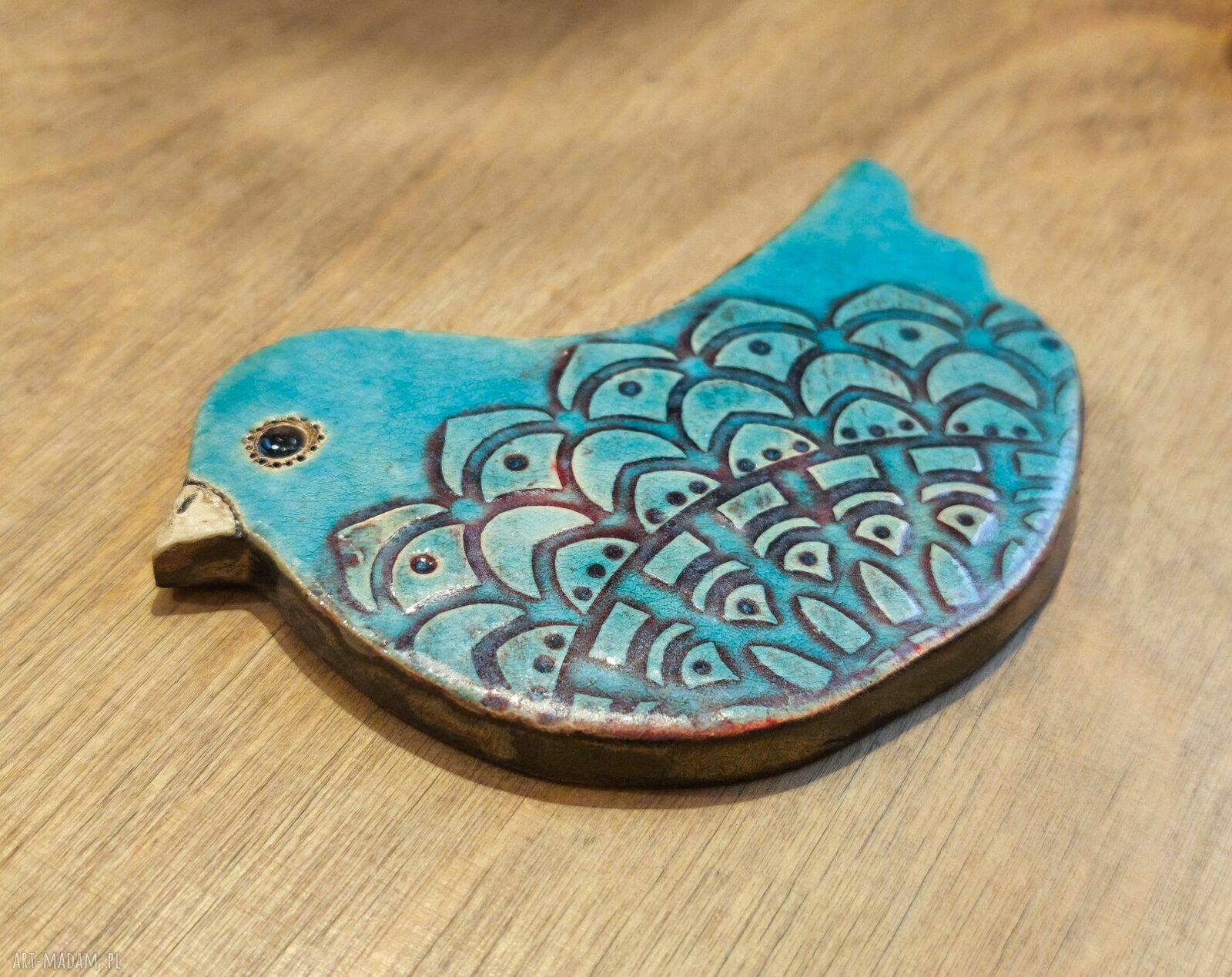 Ceramiczny magnes turkusowy ptaszek - efekt crackle i neodymowe magnesy