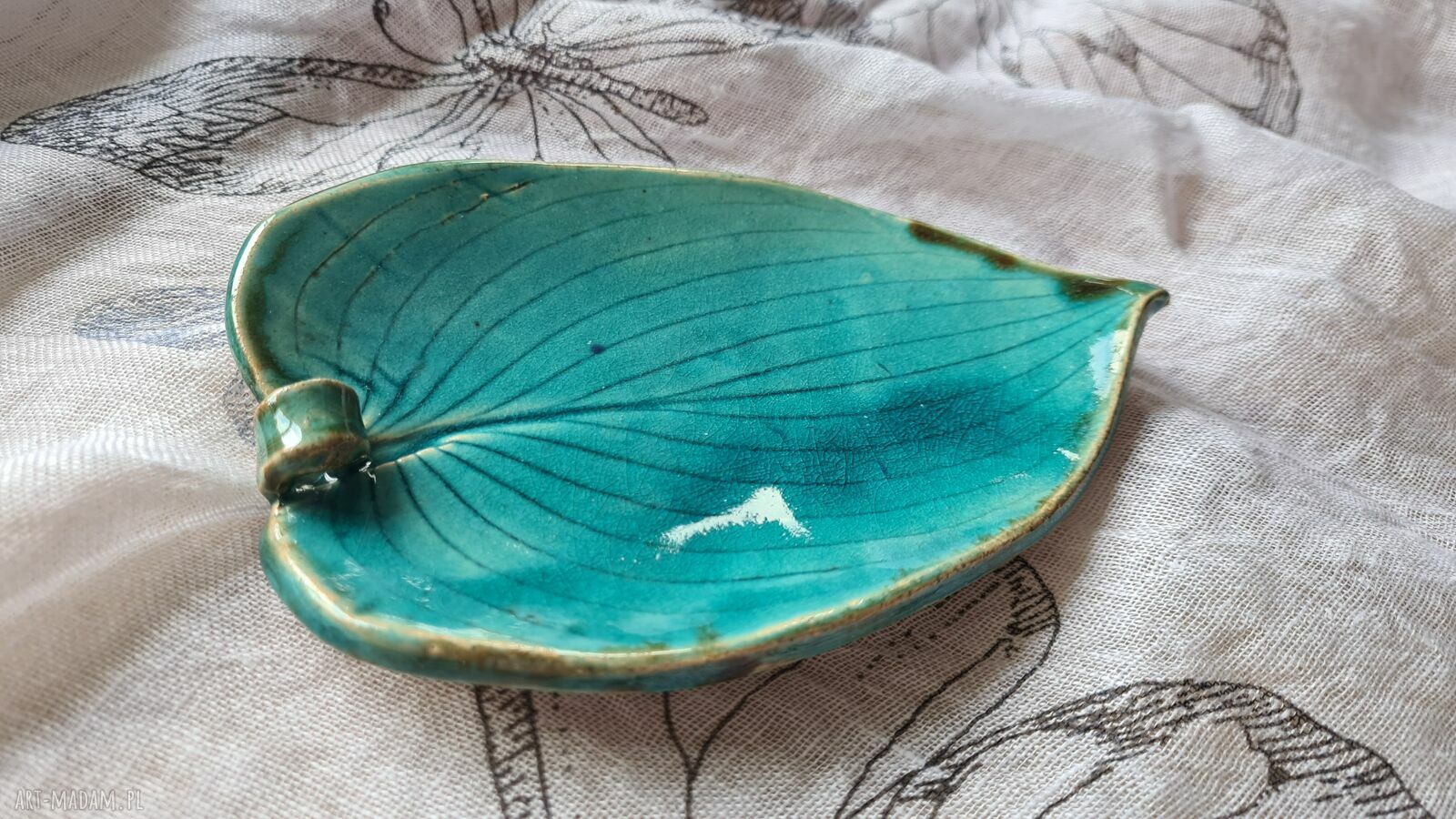 TURKUSOWA miseczka ceramiczna - liść na biżuterię lub przekąski (16x11 cm)