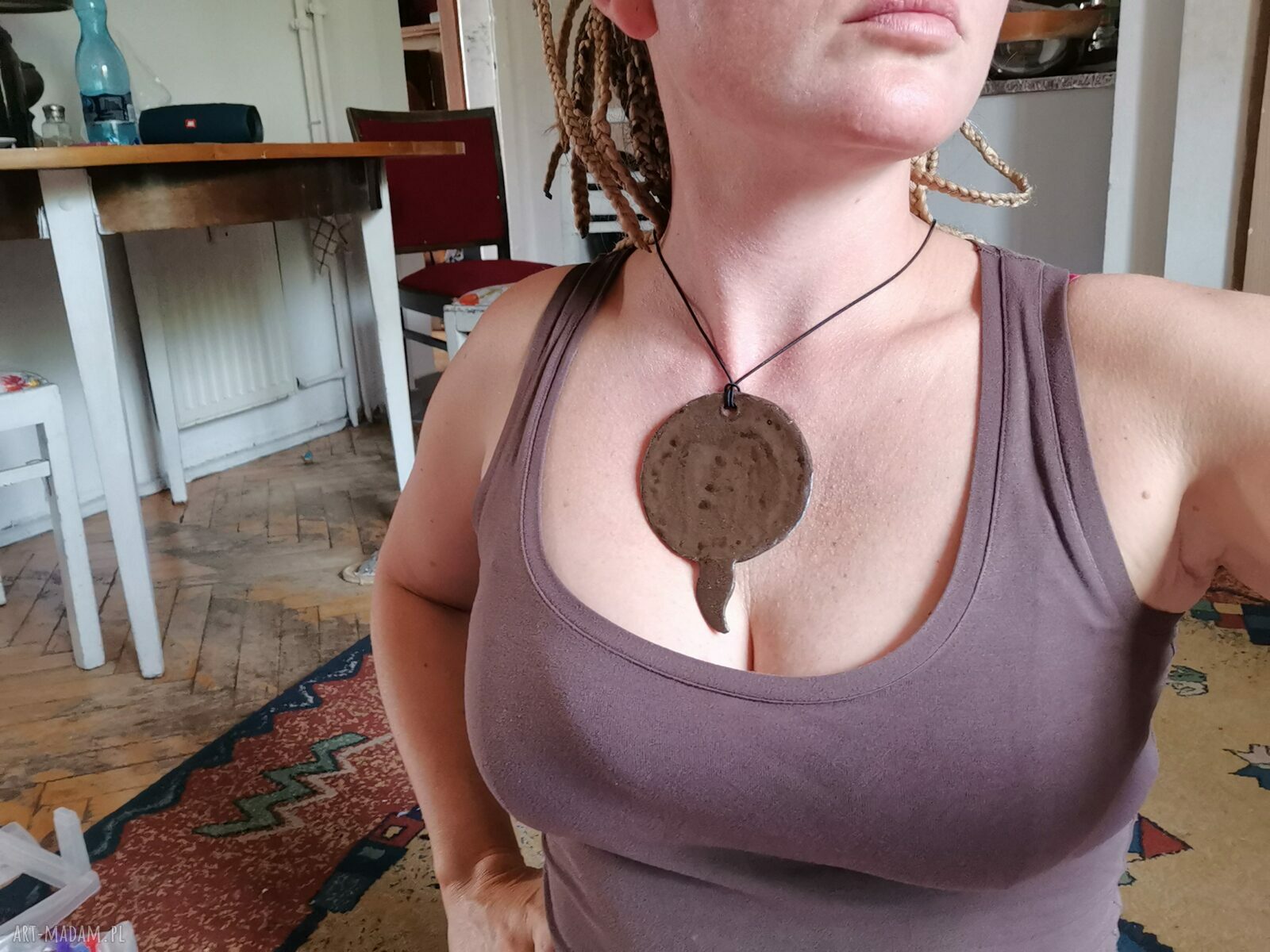 Naszyjnik ceramiczny Boho z zielono-brązową zawieszką