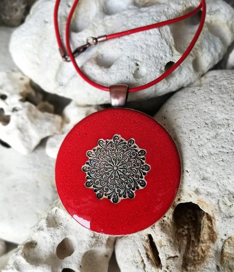 Czerwony ceramiczny wisior Vintage Boho z mandalą - zamów podobny