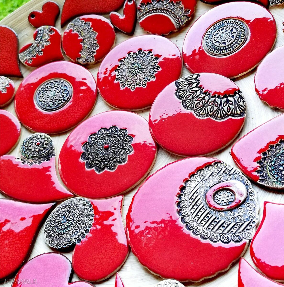 Czerwony ceramiczny wisior Vintage Boho z mandalą - zamów podobny