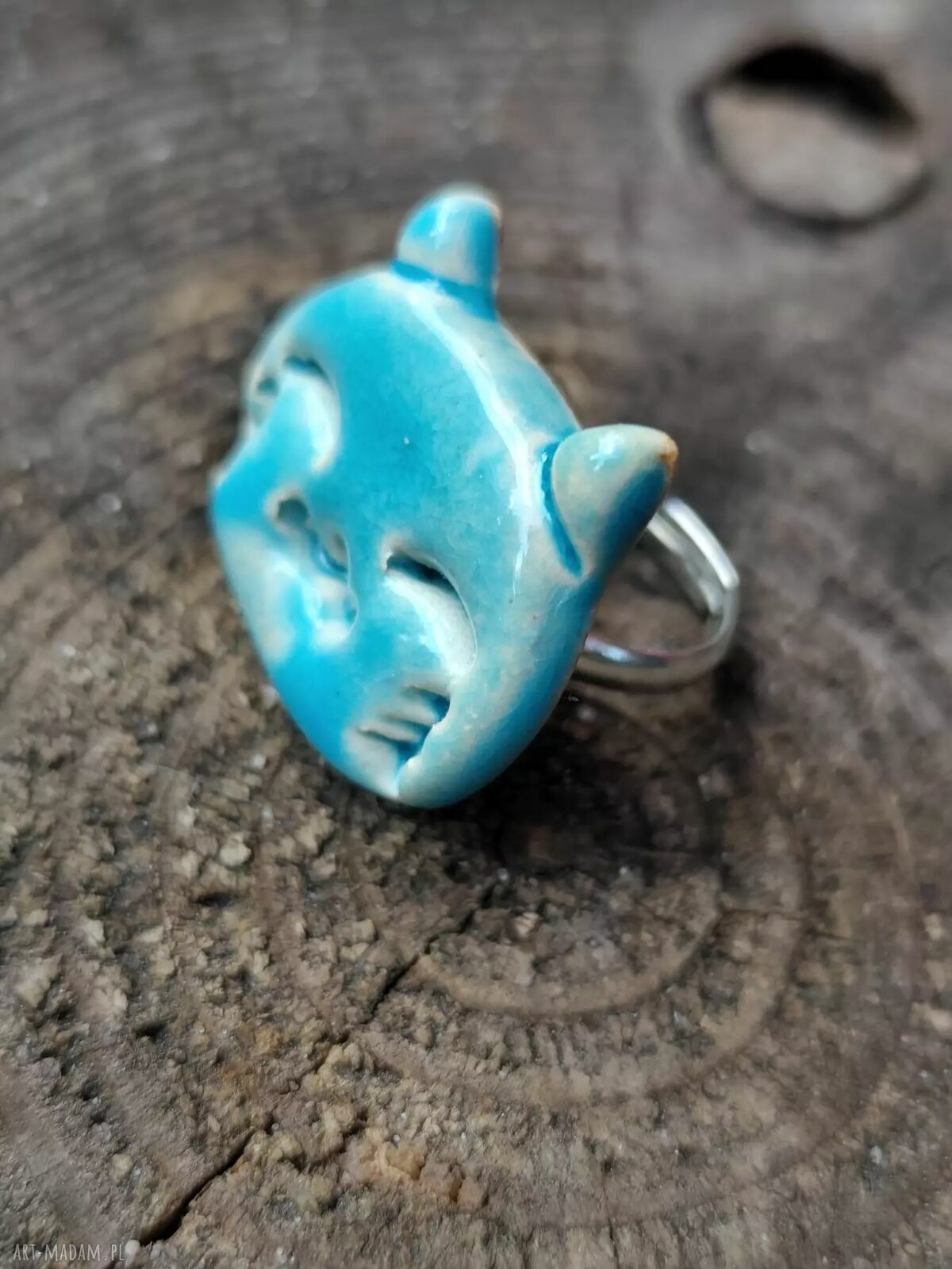 Turkusowy pierścionek ceramiczny z kotem