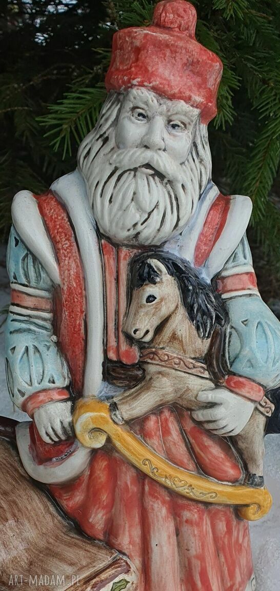 Mikołaj ceramiczny z sankami i koniem na biegunach - ok. 25 cm
