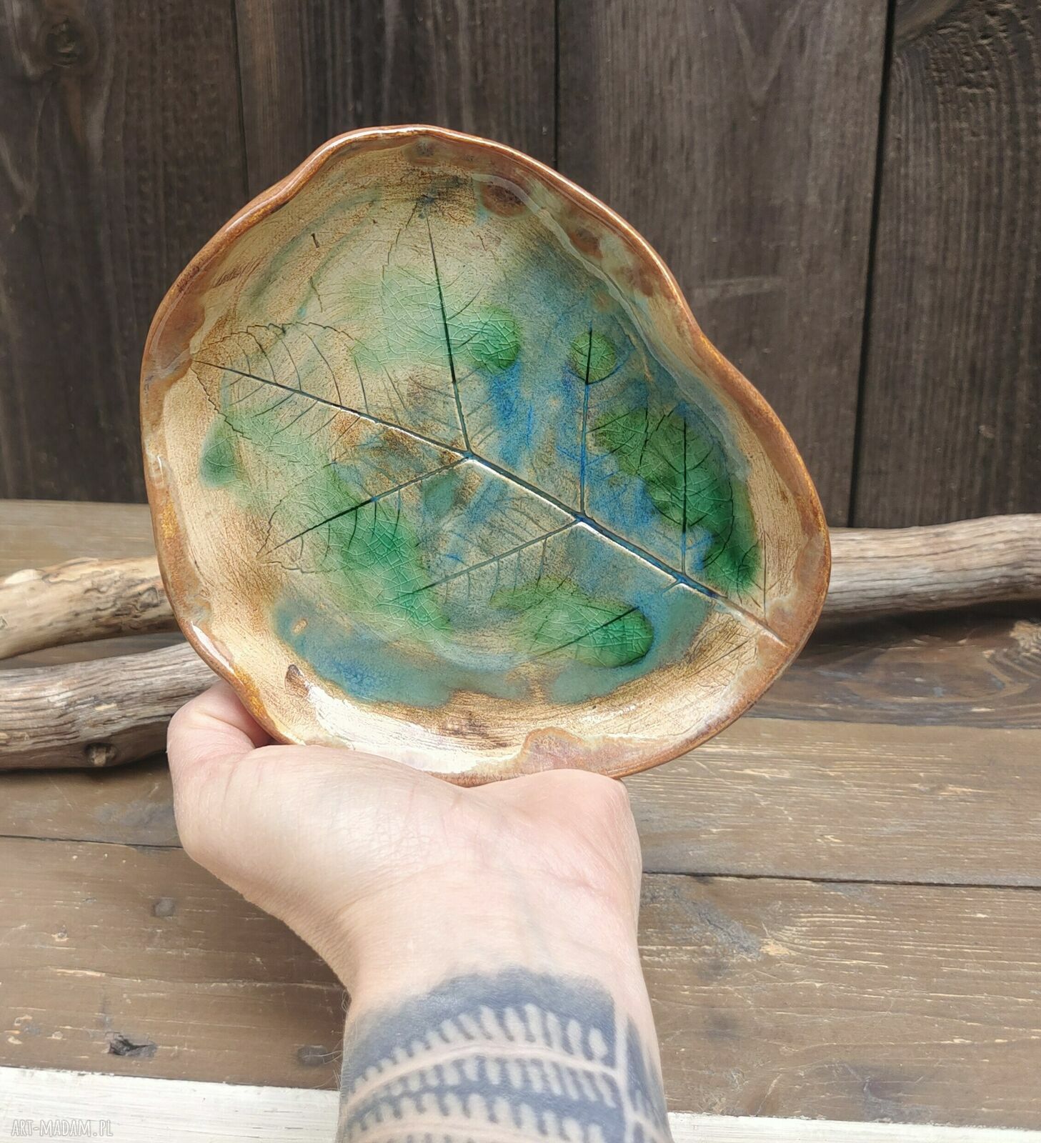 Ceramiczny talerzyk c890 z prawdziwym liściem - handmade dla niej, mamy i babci