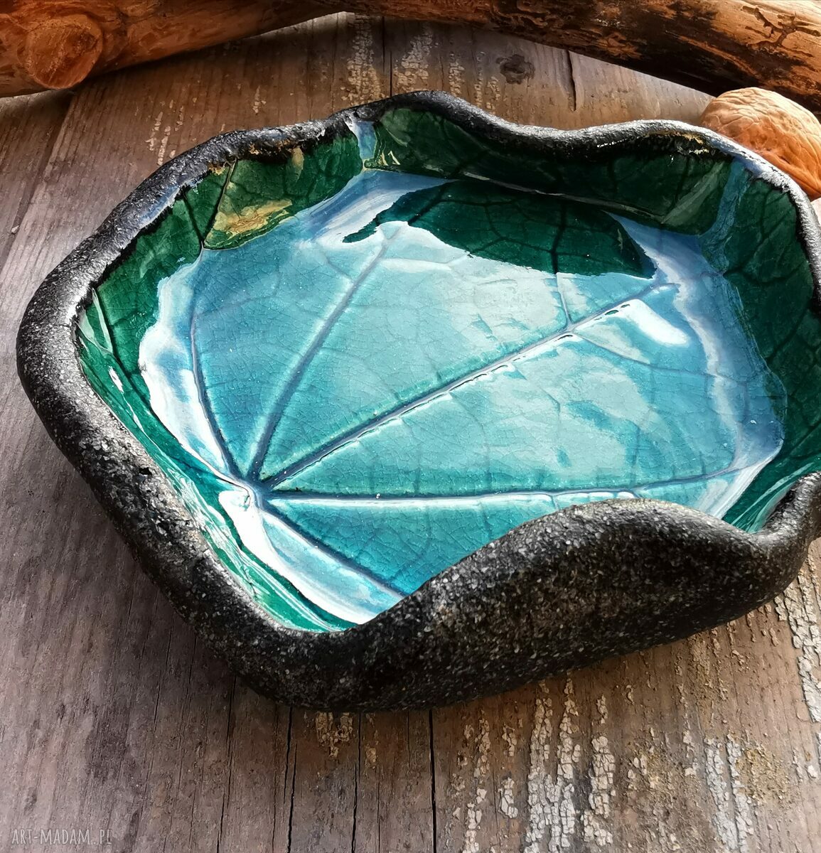 Ceramiczna miseczka i talerzyk z prawdziwym liściem (c88)