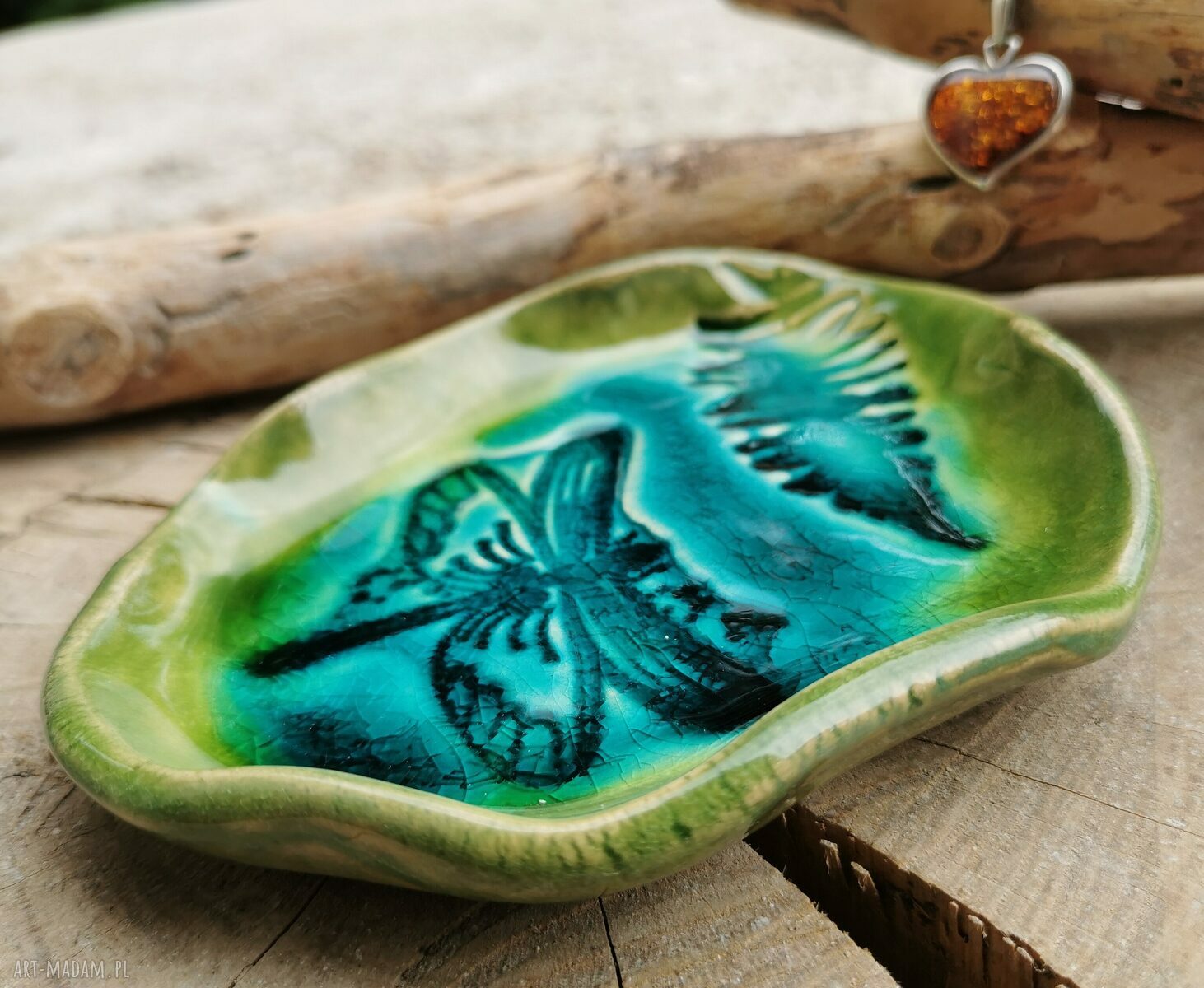 Ceramiczny talerzyk (c269) z ważką i paprociami - ręcznie robiona podstawka