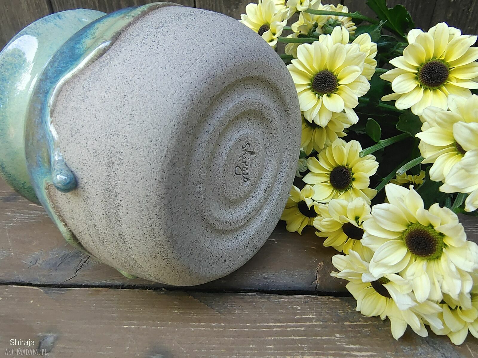 Ceramiczny wazon na kwiaty c841 z kamionki - turkusowy efekt szkliwa