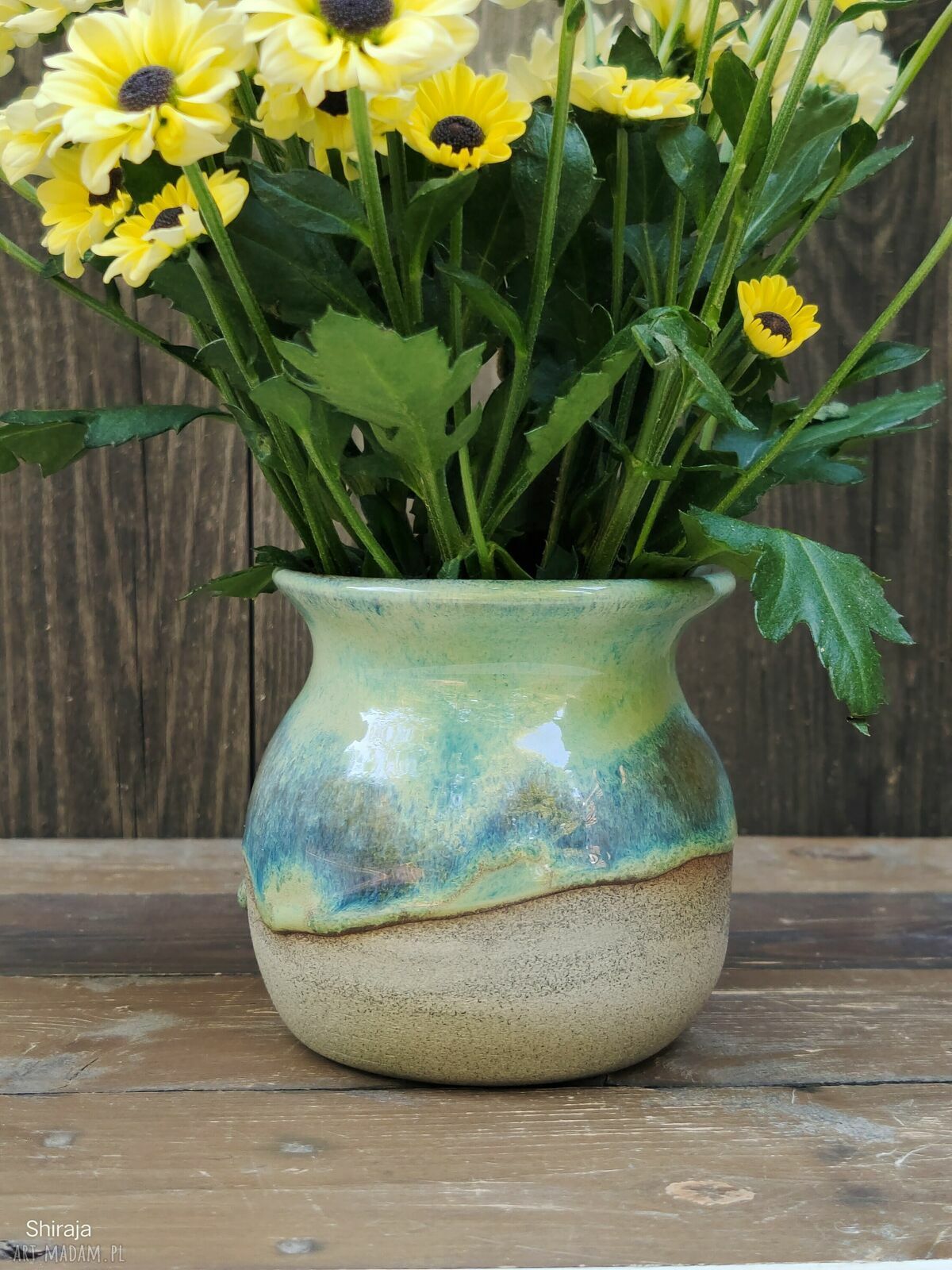 Ceramiczny wazon na kwiaty c841 z kamionki - turkusowy efekt szkliwa