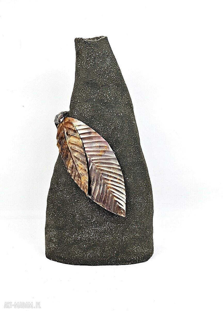 Wazon ceramiczny poLEPIONE - 40 cm, surowa glina i miedziane listki