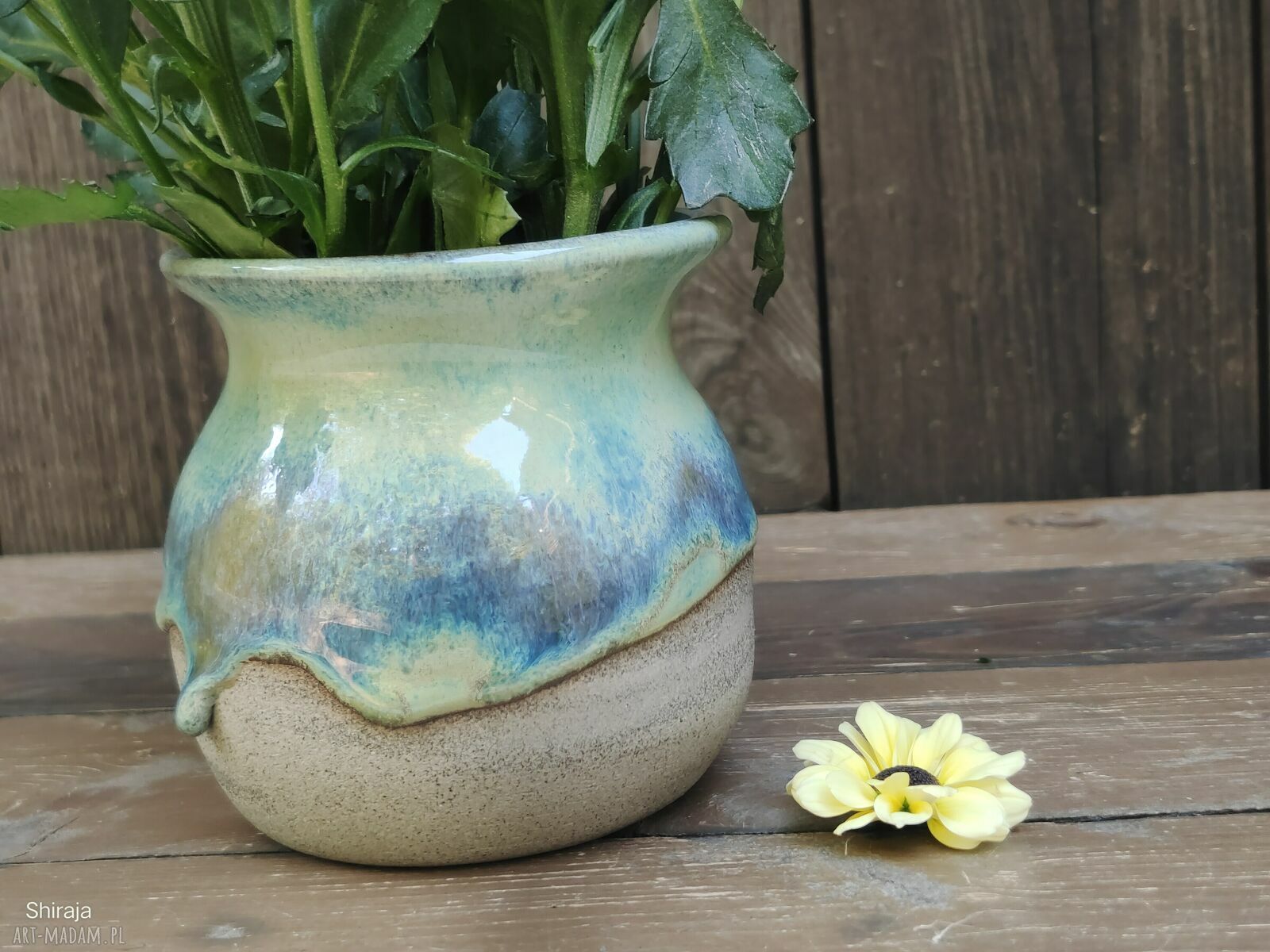 Ceramiczny wazon na kwiaty c841 z kamionki - turkusowy efekt szkliwa
