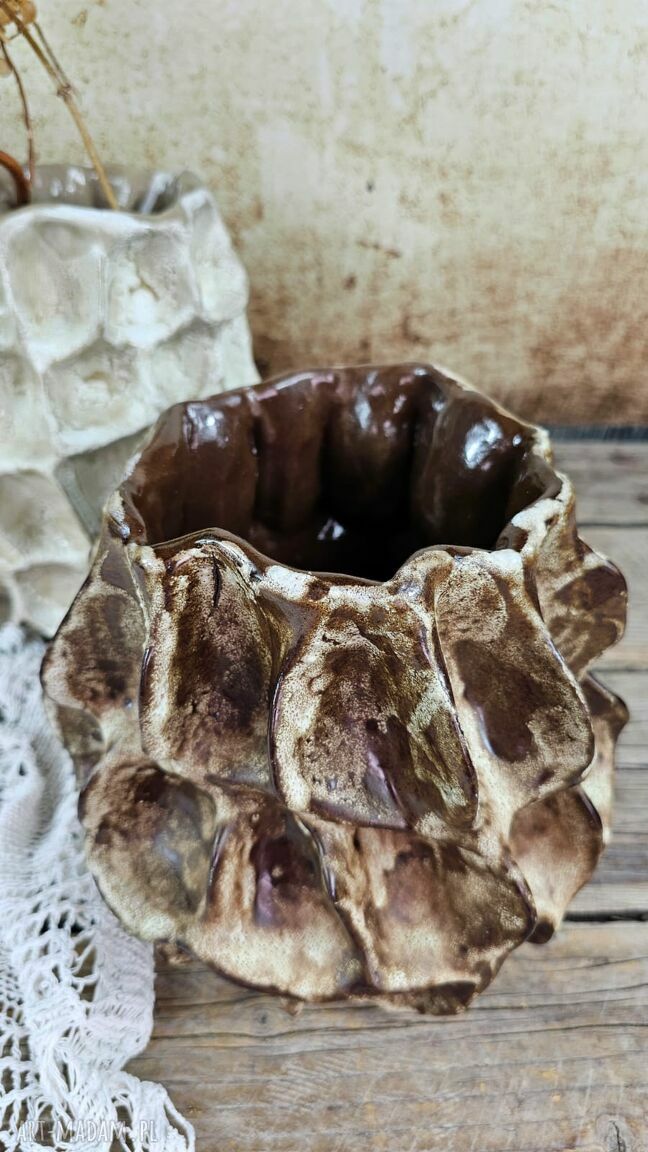 Wazon ceramiczny poLEPIONE (ręcznie lepiona ceramika) - brąz i beż