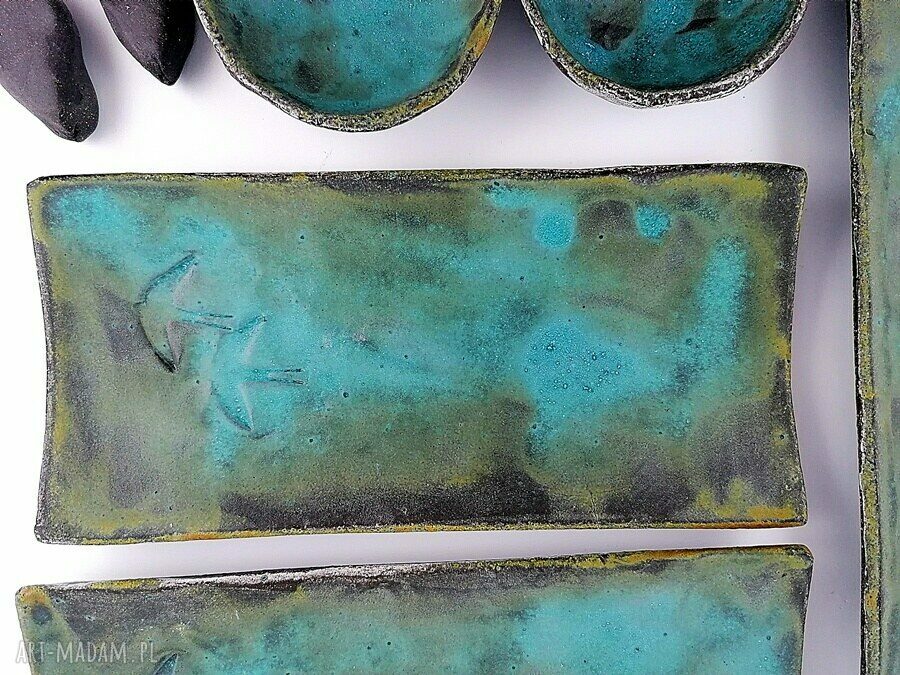 Ceramiczny zestaw do sushi dla 2 osób w turkusie i zieleni - rękodzieło poLEPIONE