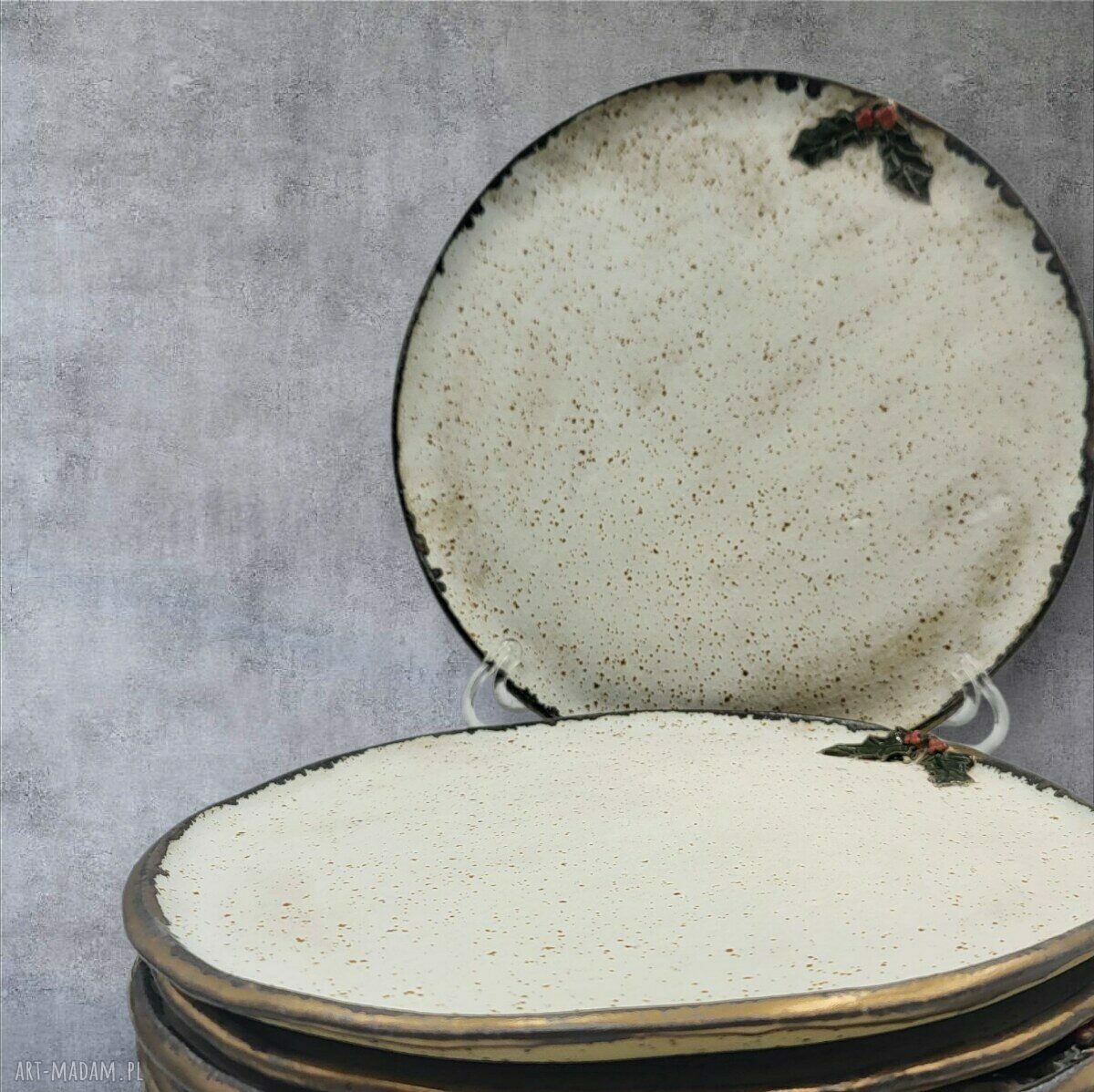 Ceramiczny zestaw śniadaniowy boho na święta - ostrokrzew
