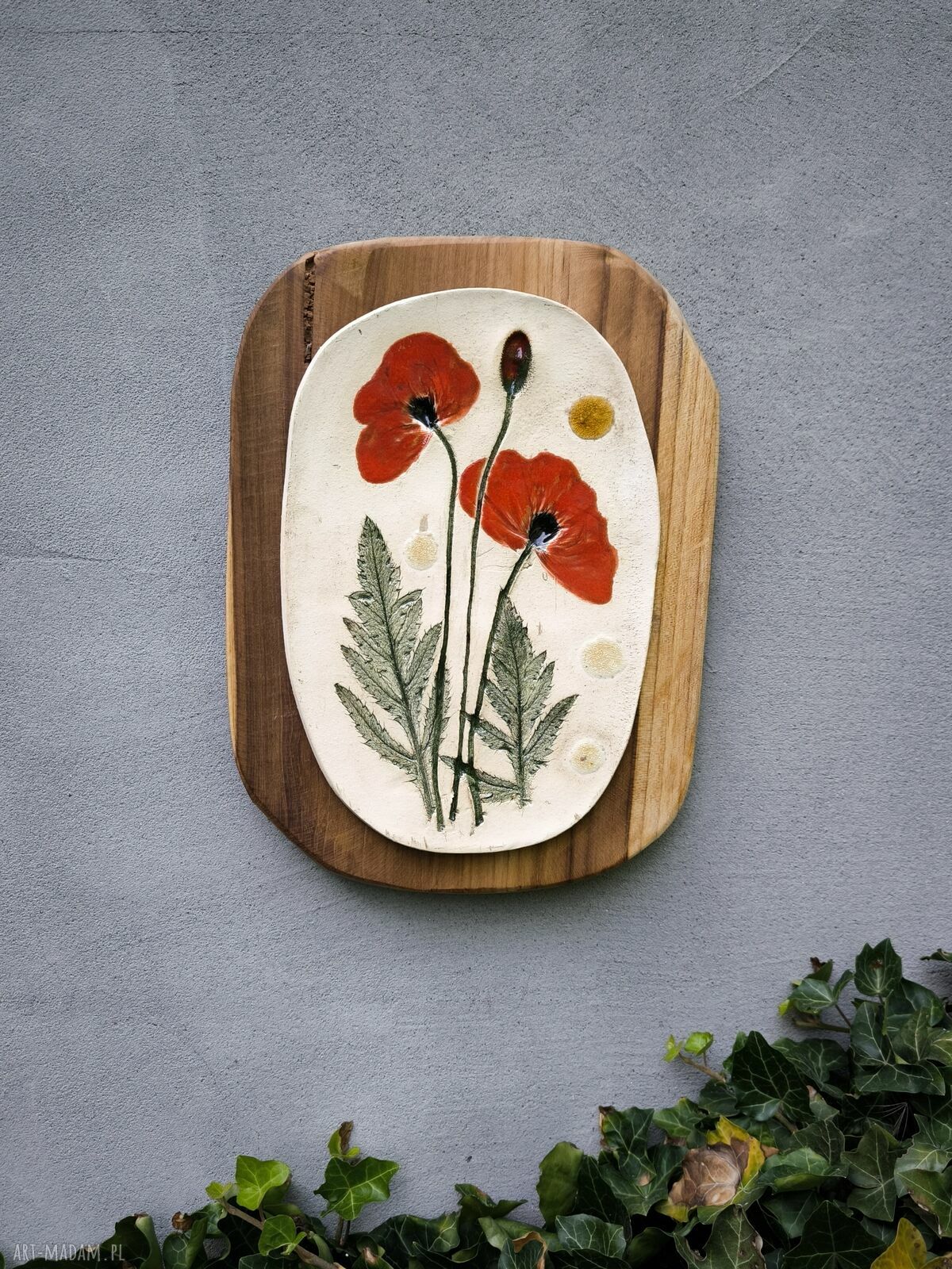 Ceramiczny obraz na drewnie z motywem maków polnych