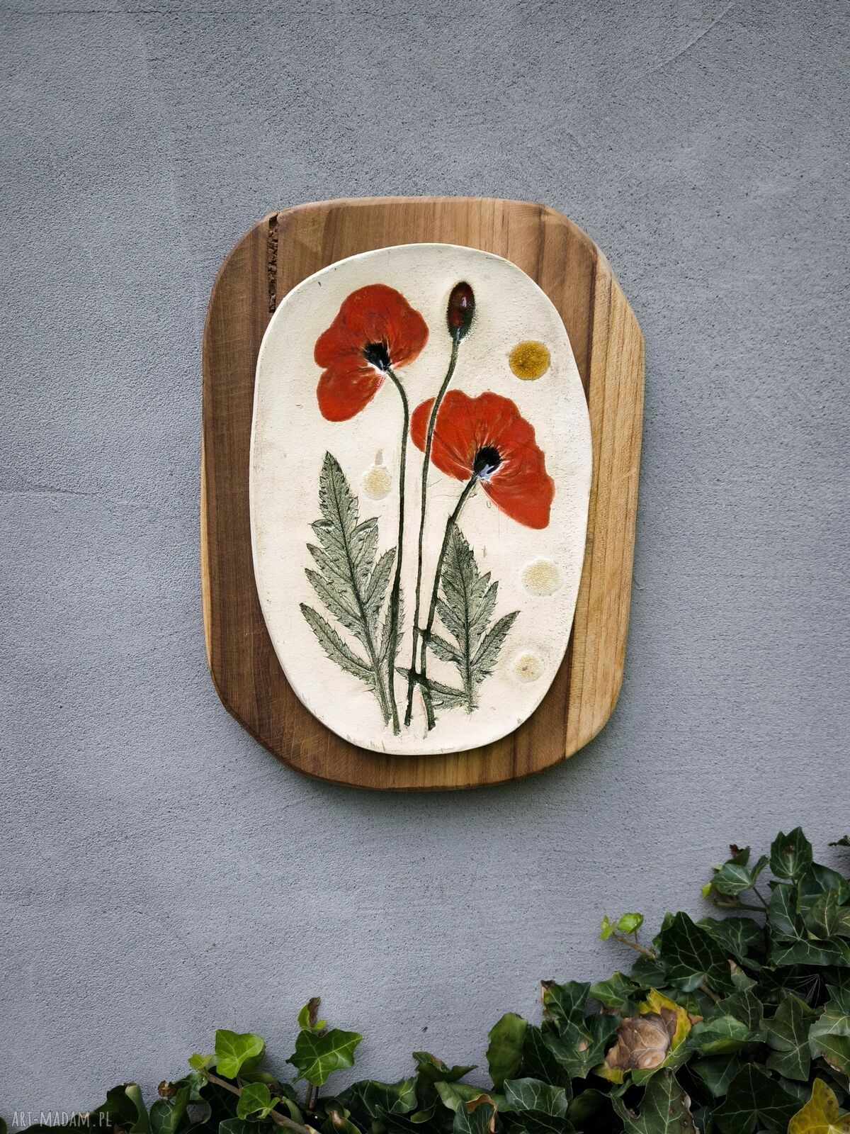Ceramiczny obraz na drewnie z motywem maków polnych