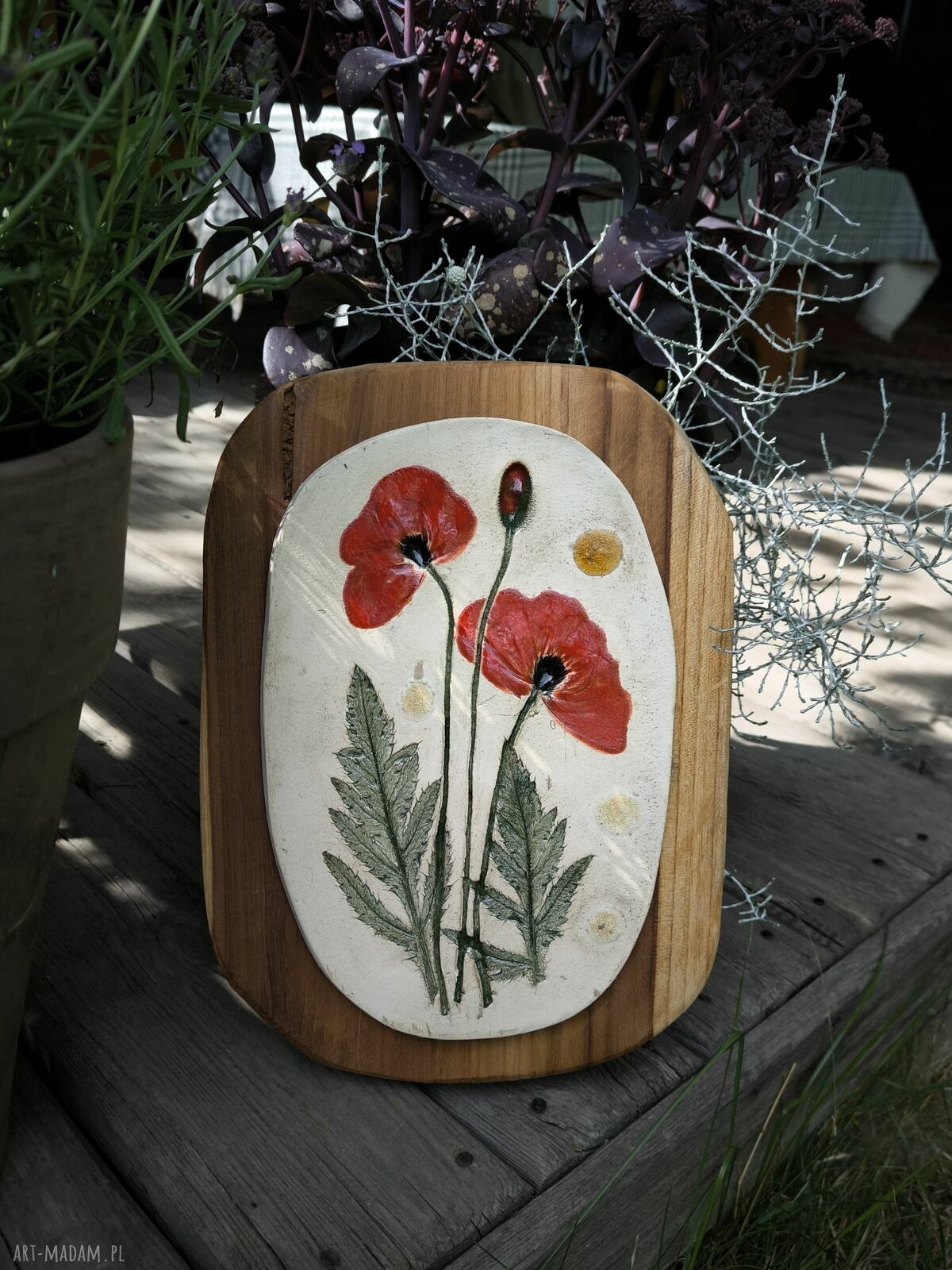 Ceramiczny obraz na drewnie z motywem maków polnych