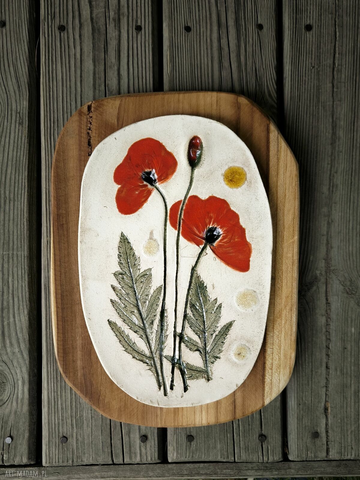 Ceramiczny obraz na drewnie z motywem maków polnych