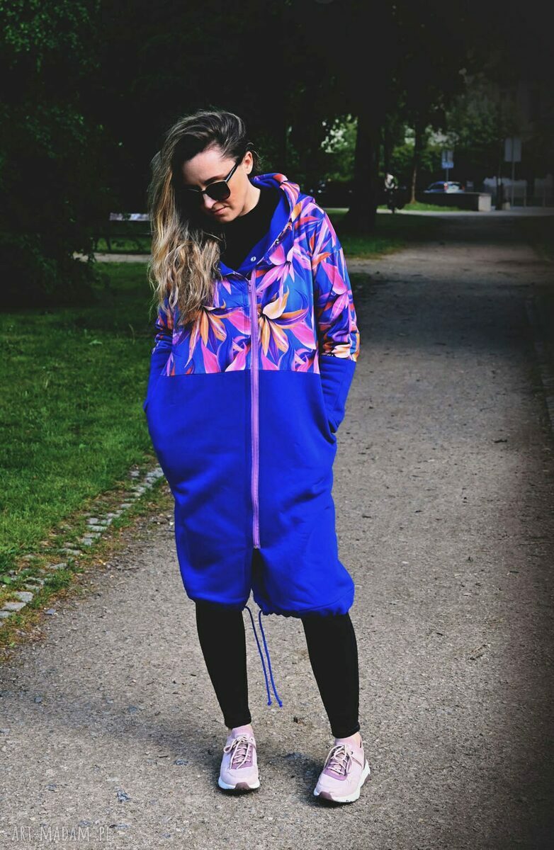 CHABROWE KWIATY długa bluza oversize z łączonych tkanin S