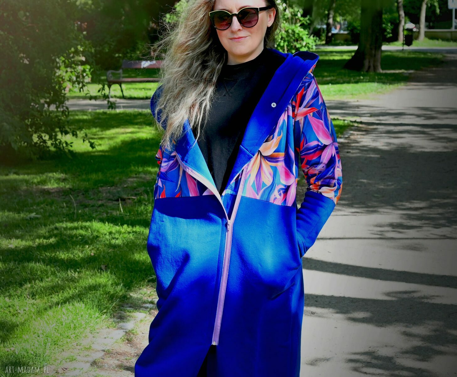 CHABROWE KWIATY długa bluza oversize z łączonych tkanin XL