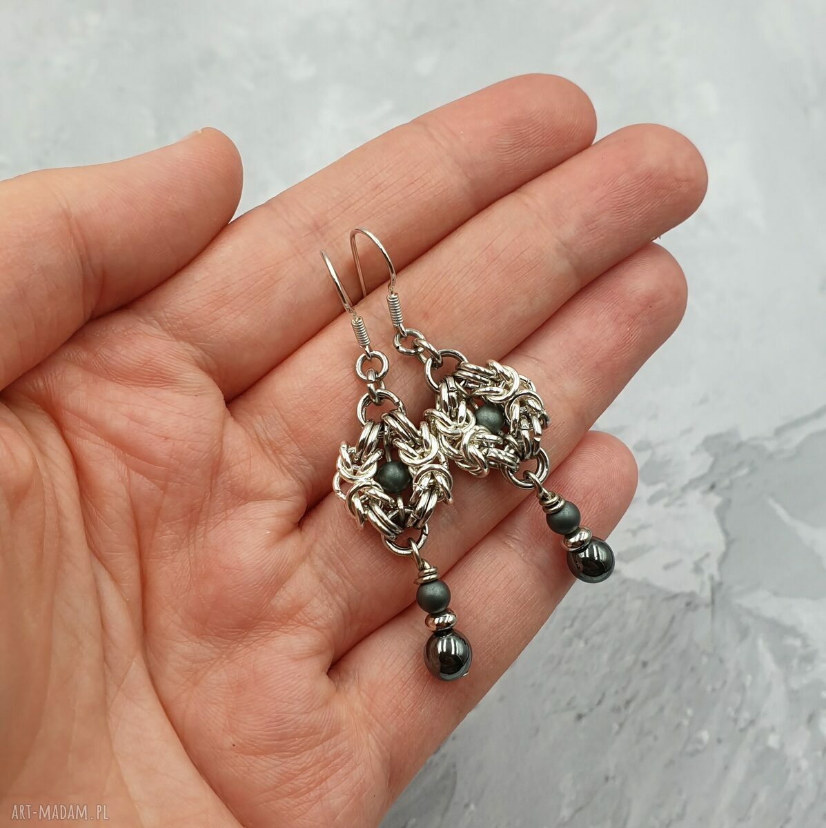 Kolczyki chainmaille ze stali szlachetnej - srebrny hematyt