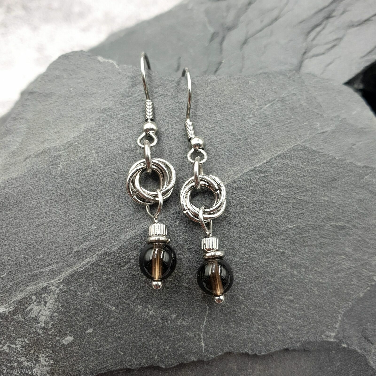 Kolczyki chainmaille z kwarcem dymnym
