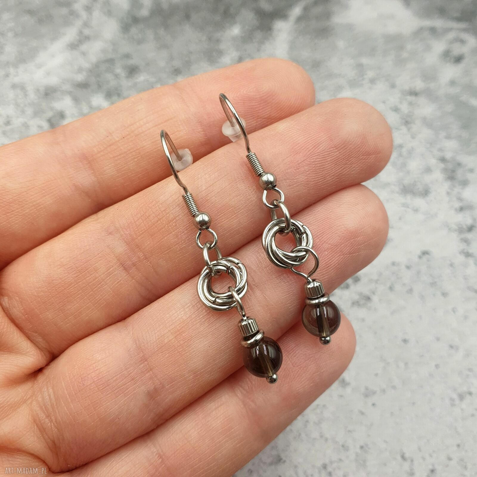 Kolczyki chainmaille z kwarcem dymnym