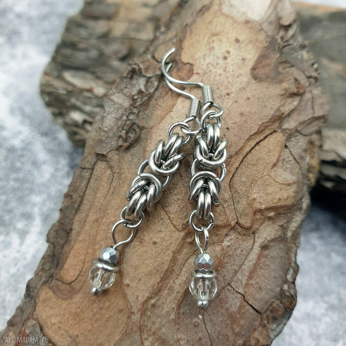 Kolczyki chainmaille z kryształem górskim i hematytem