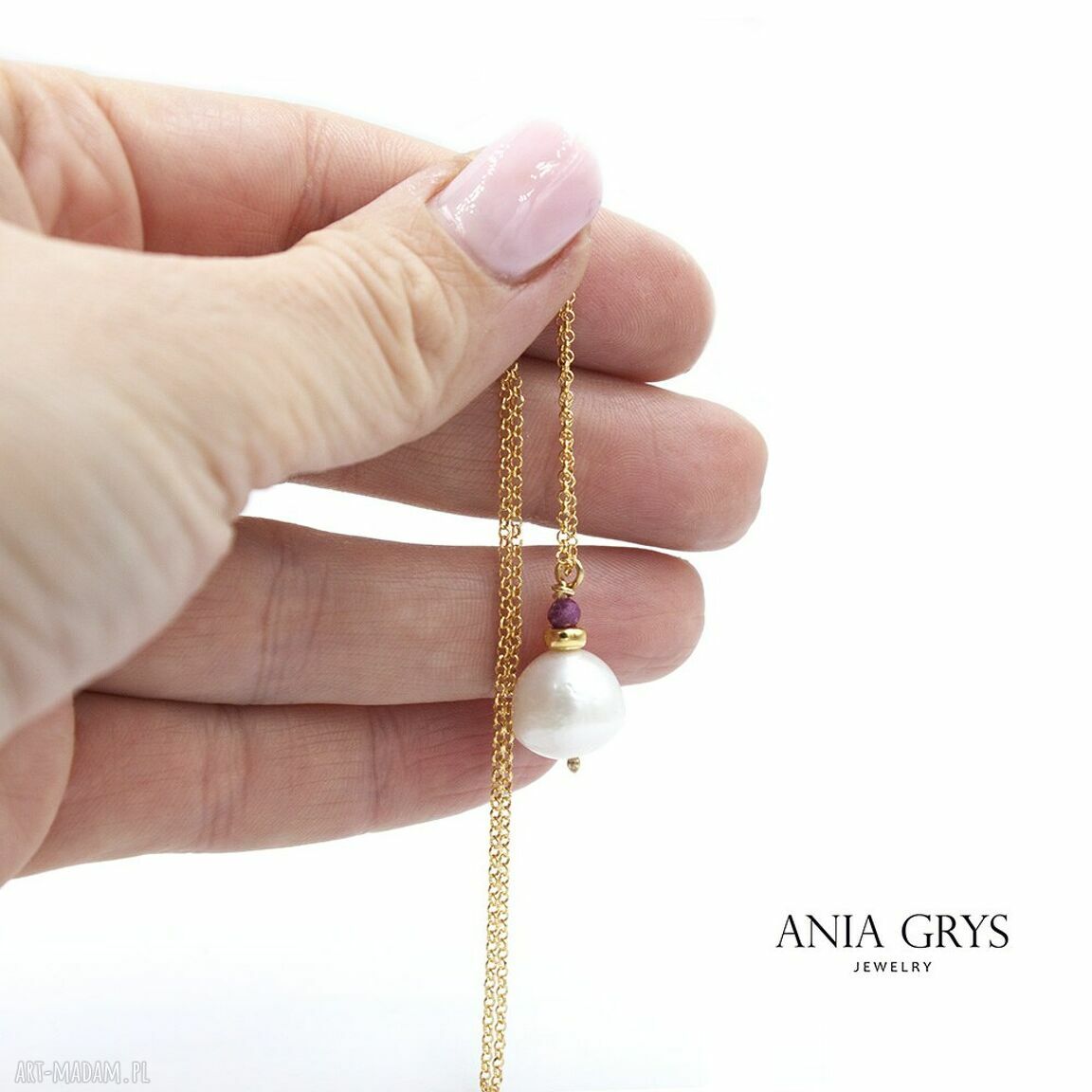 Wisiorek Cherry Pearl Necklace z naturalną perłą i fasetowanym rubinem - pozłacany