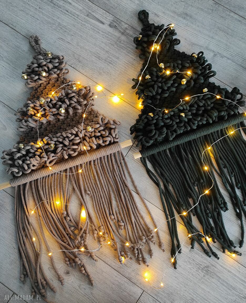 Choinka z makramy boho - beżowa ozdoba świąteczna 78 cm