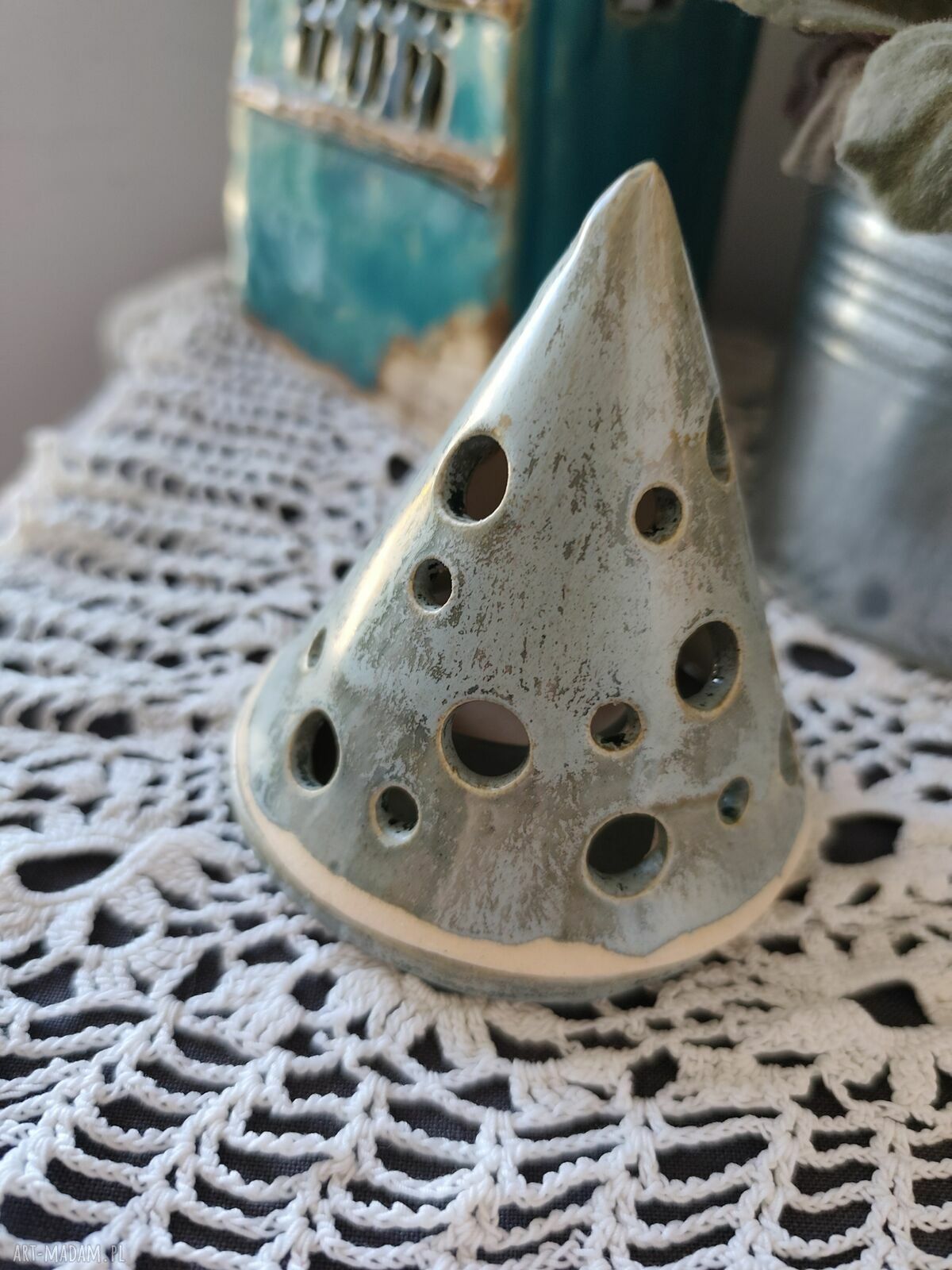 Choinka ceramiczna lampion z podstawką - malachit, 10 cm