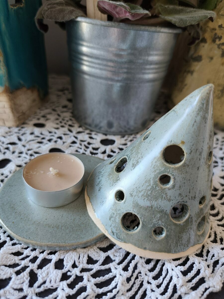 Choinka ceramiczna lampion z podstawką - malachit, 10 cm