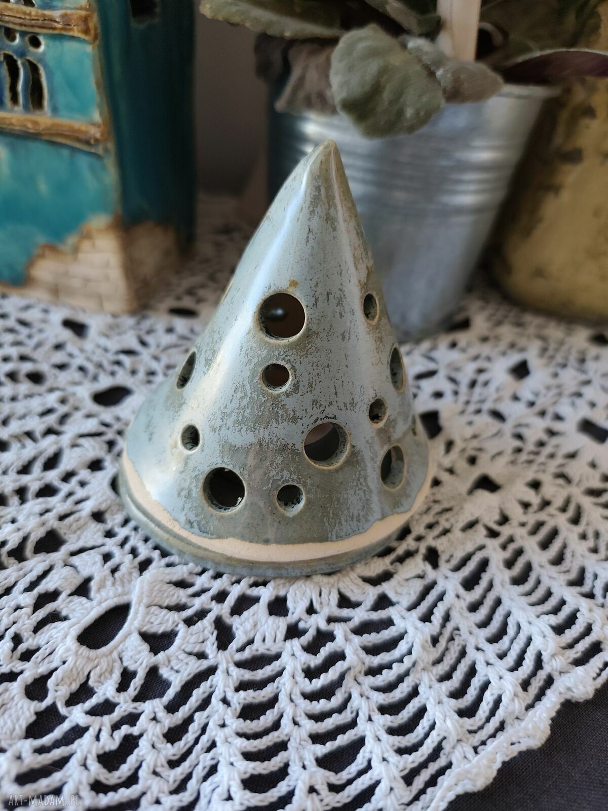 Choinka ceramiczna lampion z podstawką - malachit, 10 cm
