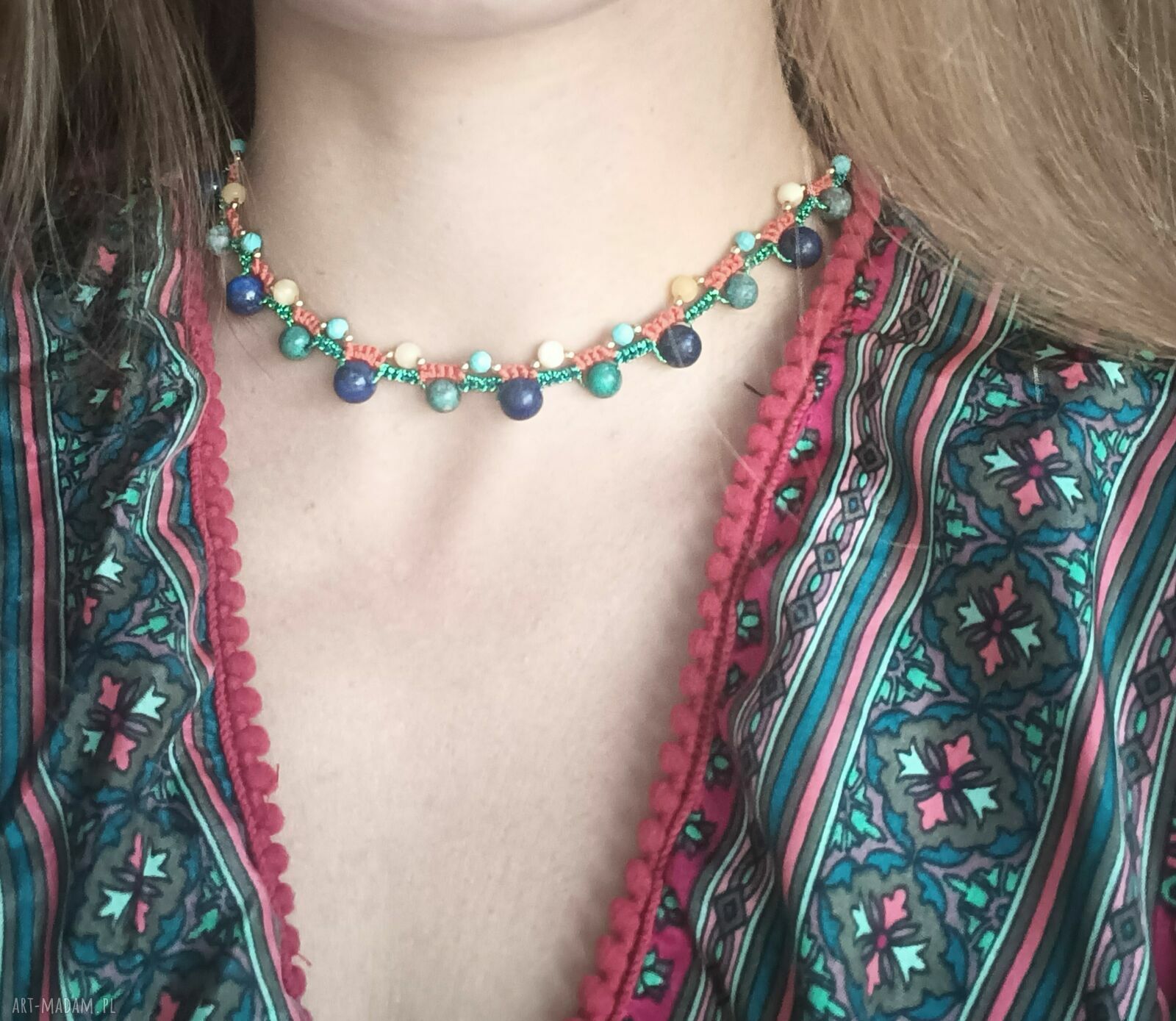 Pleciony choker Holi Sunset z turkusem, lapisem lazuli i turmalinem
