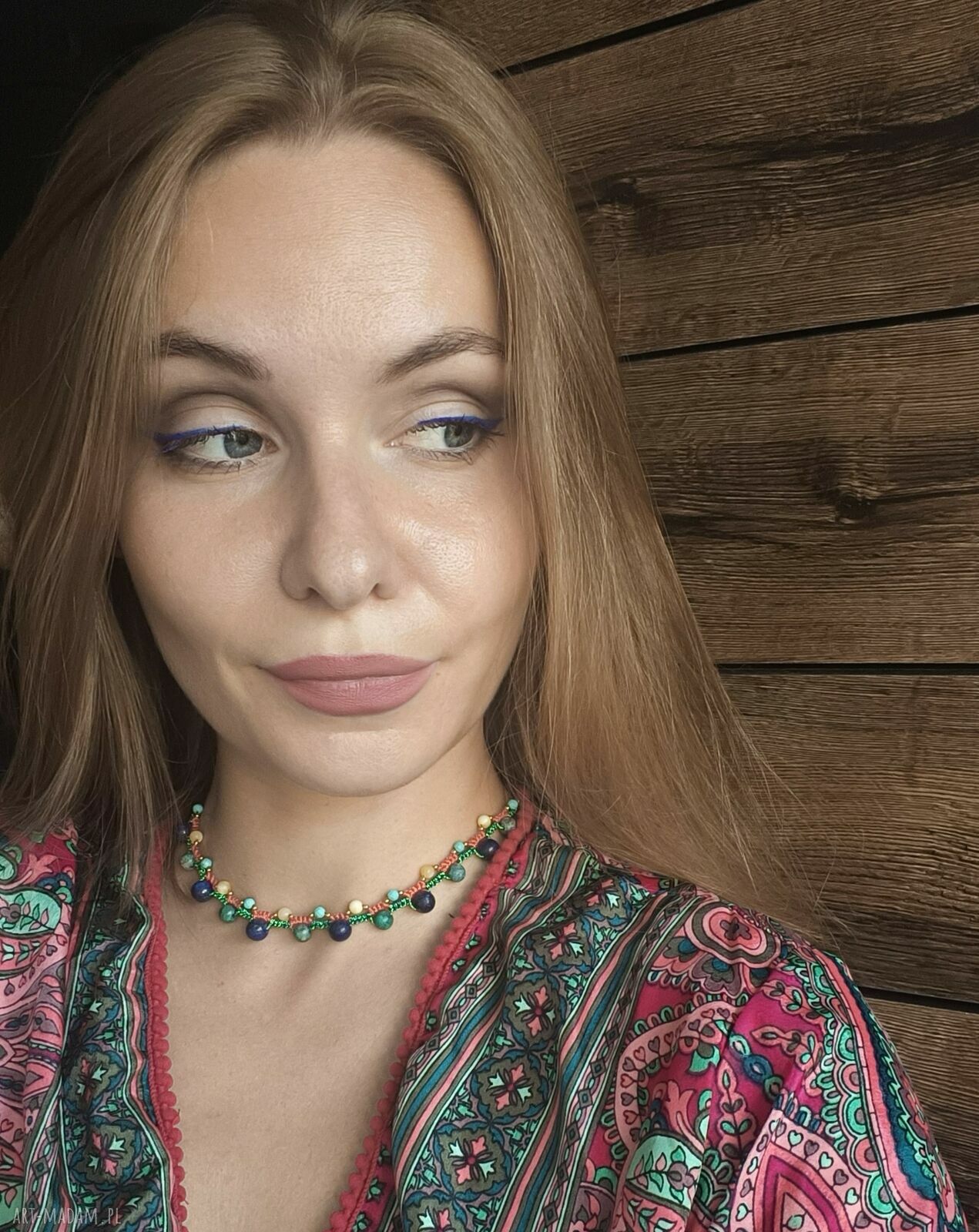 Pleciony choker Holi Sunset z turkusem, lapisem lazuli i turmalinem