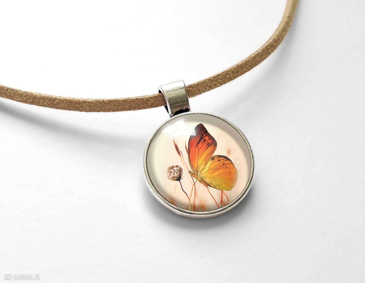 Choker Motyl beżowy Eggin Egg - ręcznie robiona obroża z powiększającym szkiełkiem 20 mm