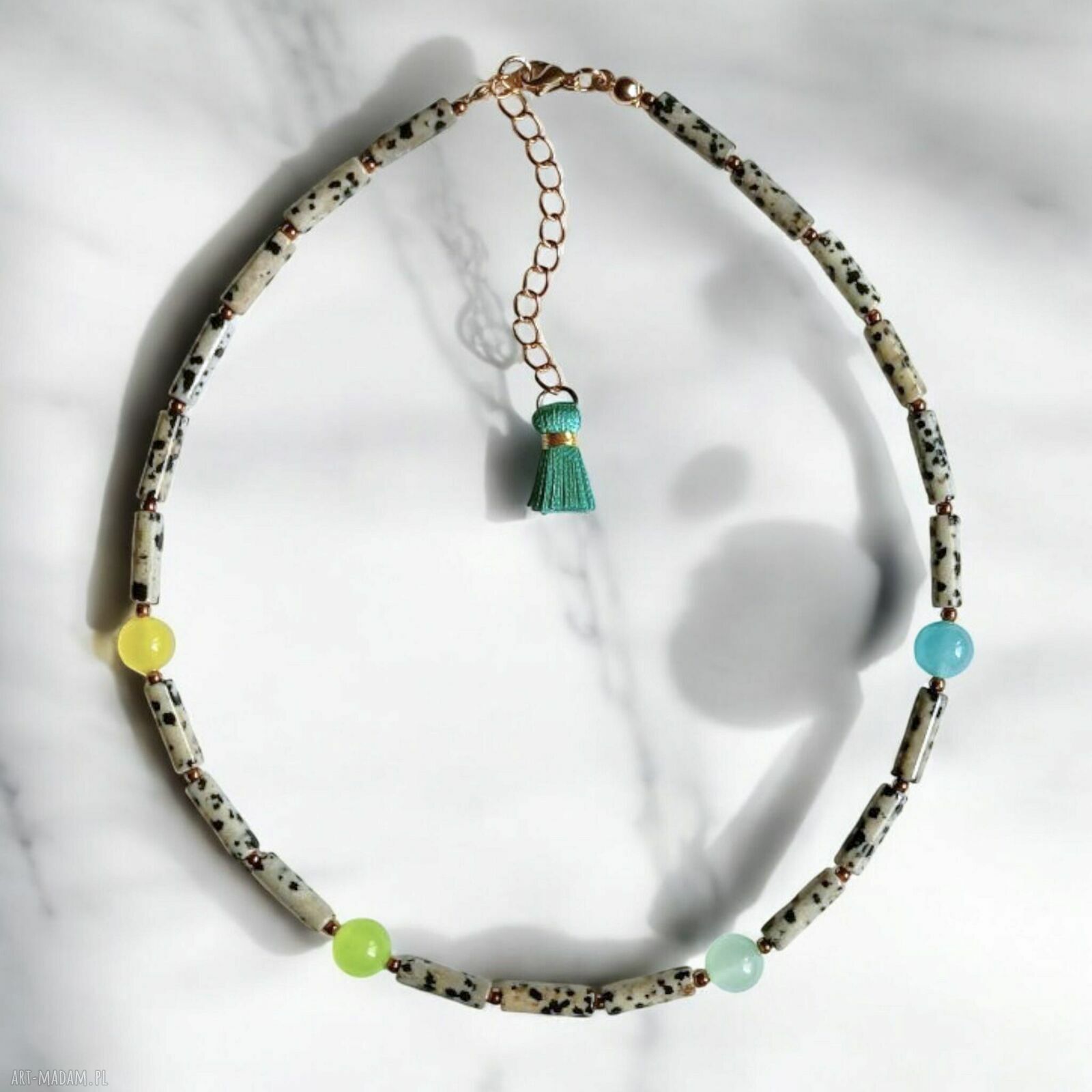 Choker na lato z jaspisu dalmatyńskiego i jadeitu - Kaktusia, handmade