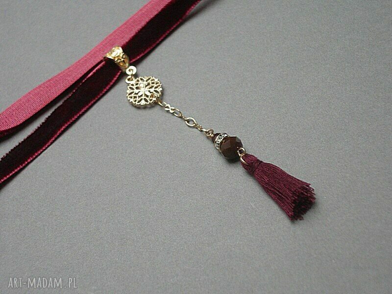 Choker burgundowy z aksamitką, jadeitem i chwostem /trok/ Ki Ka Pracownia