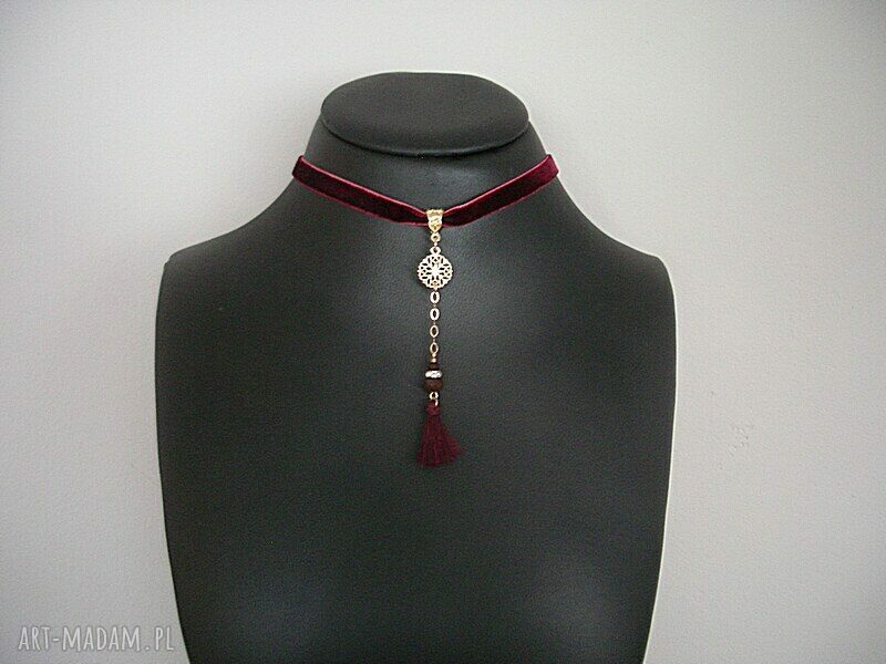 Choker burgundowy z aksamitką, jadeitem i chwostem /trok/ Ki Ka Pracownia