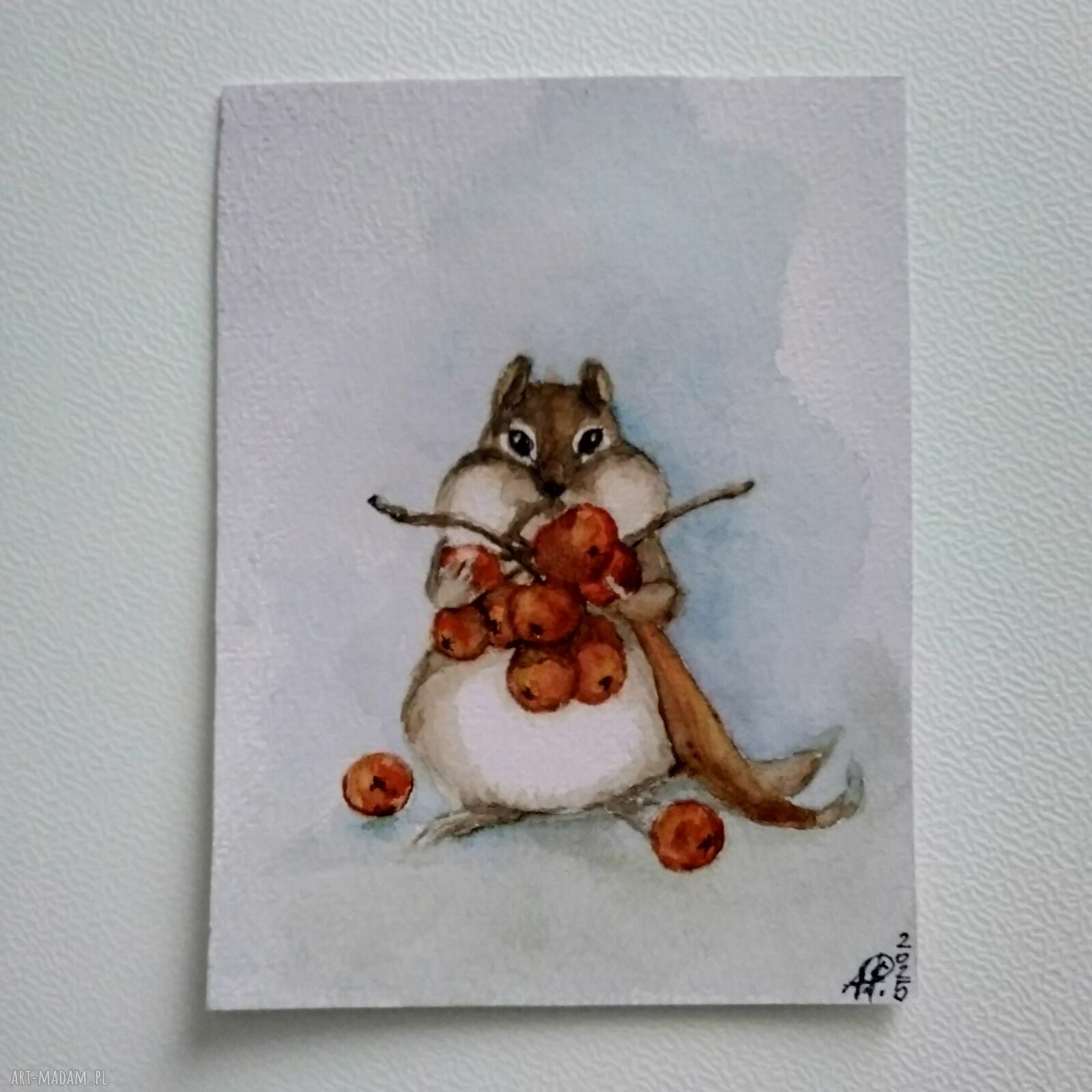 Chomik z jarzębiną - akwarela 10,5x14 cm
