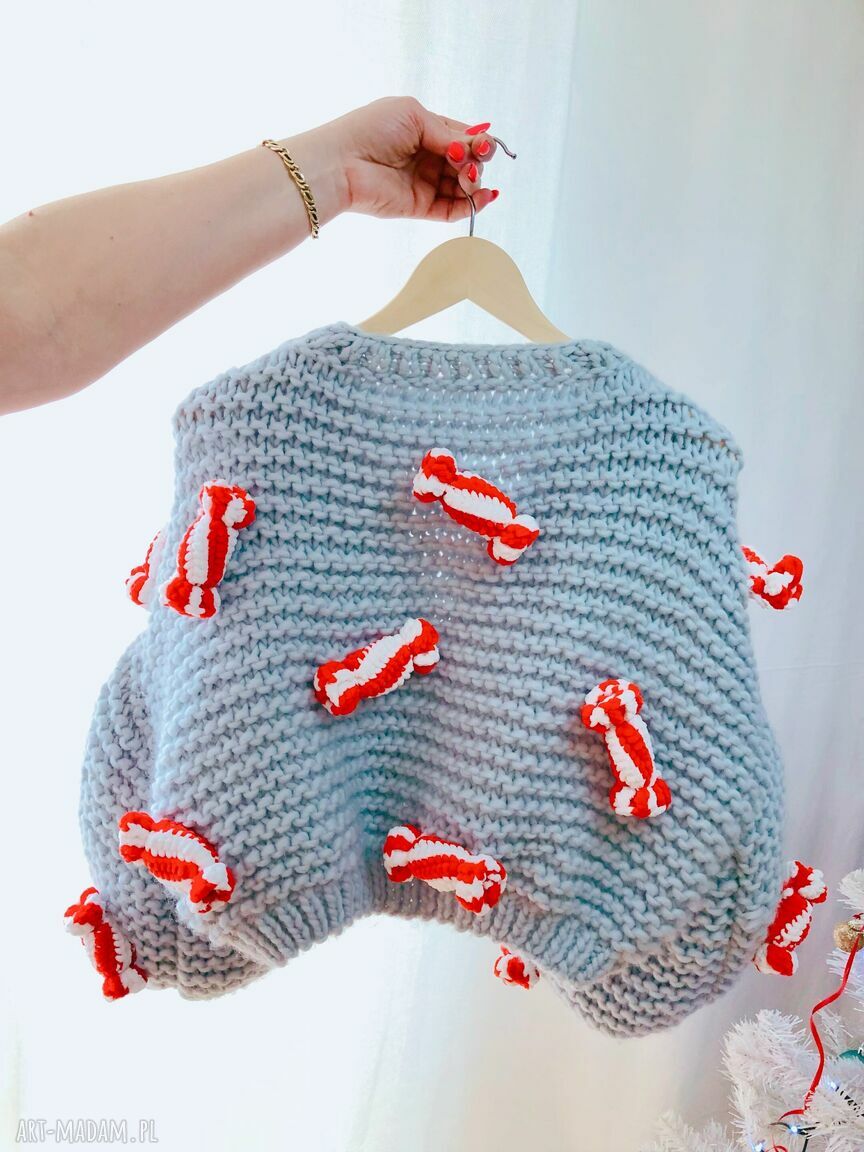 Christmas Candy - kardigan ręcznie dziergany w cukierki z wełny merino