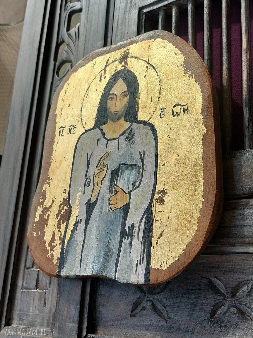 Ikona Chrystus Wszechwładny na teakowym drewnie - ręcznie malowana i złocona