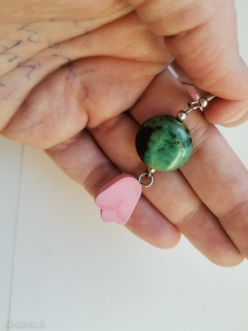 Kolczyki chryzokola i drewno Box L1 - lekkie boho frędzle