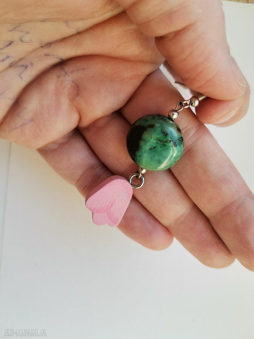 Kolczyki chryzokola i drewno Box L1 - lekkie boho frędzle