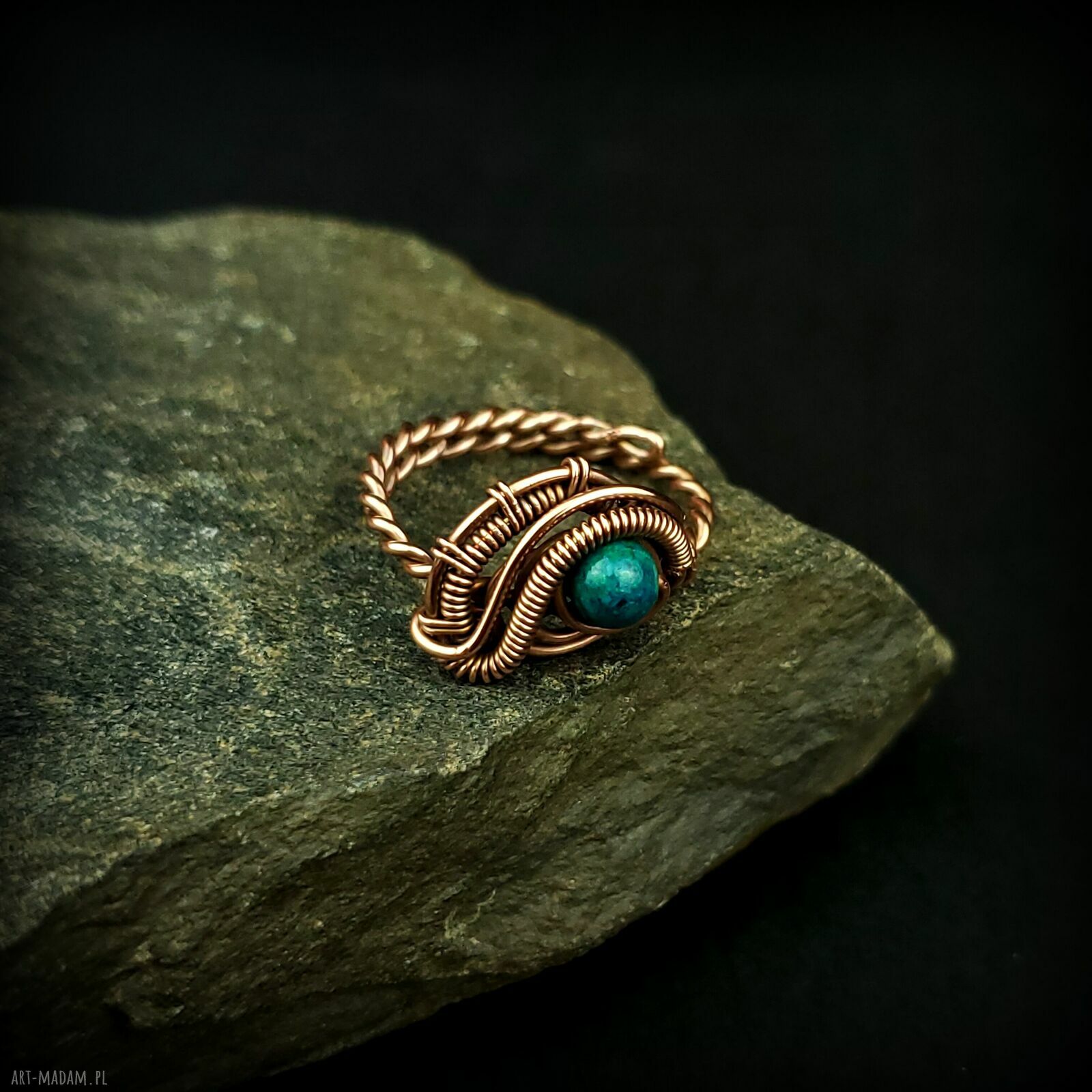 Chryzokola w miedzianym wire wrapping - regulowany pierścionek dla niej