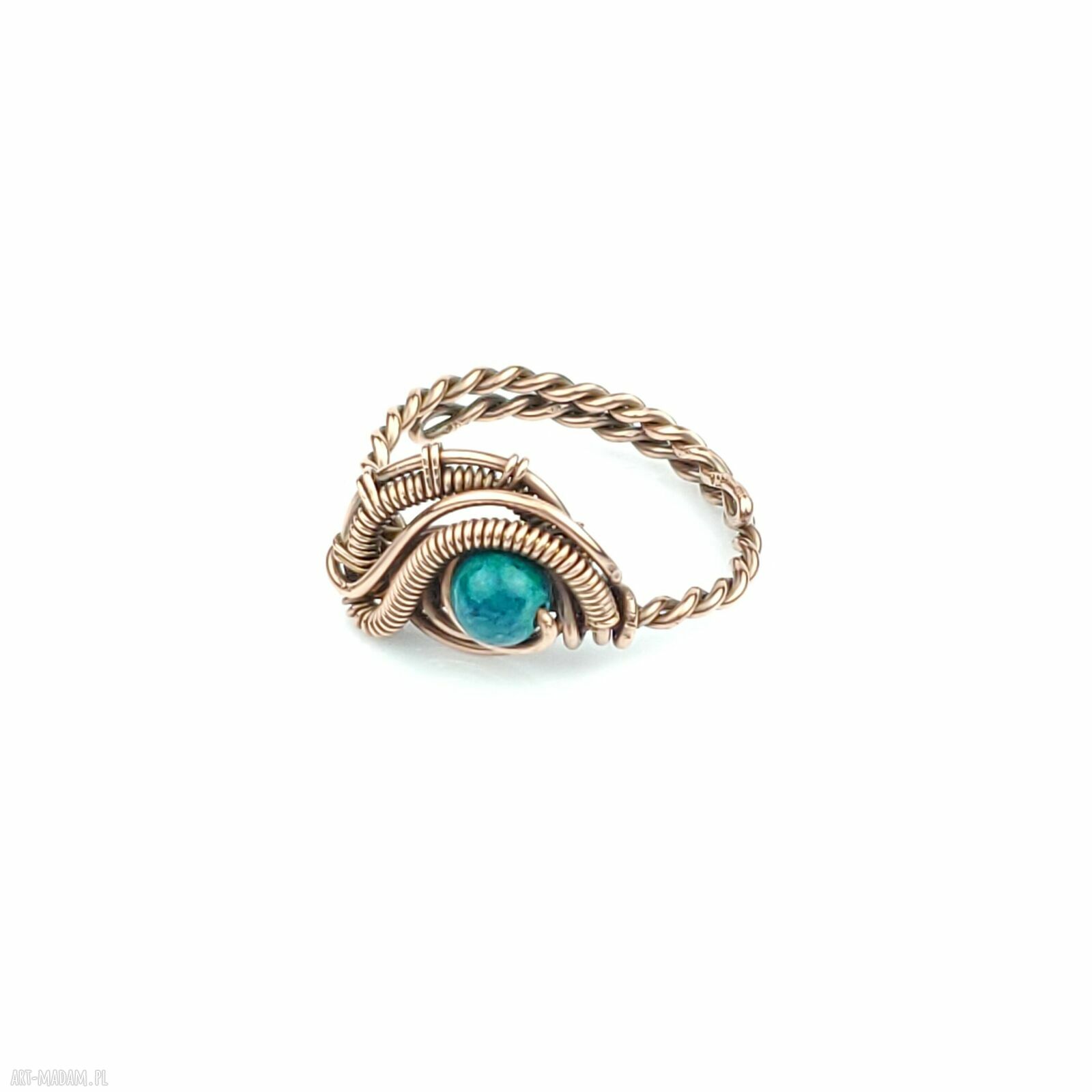 Chryzokola w miedzianym wire wrapping - regulowany pierścionek dla niej