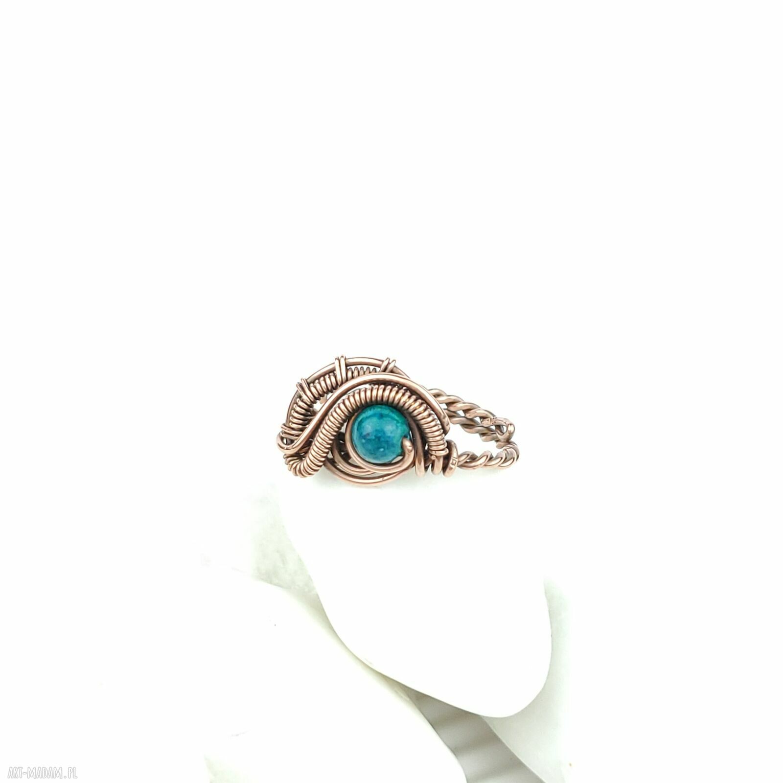 Chryzokola w miedzianym wire wrapping - regulowany pierścionek dla niej
