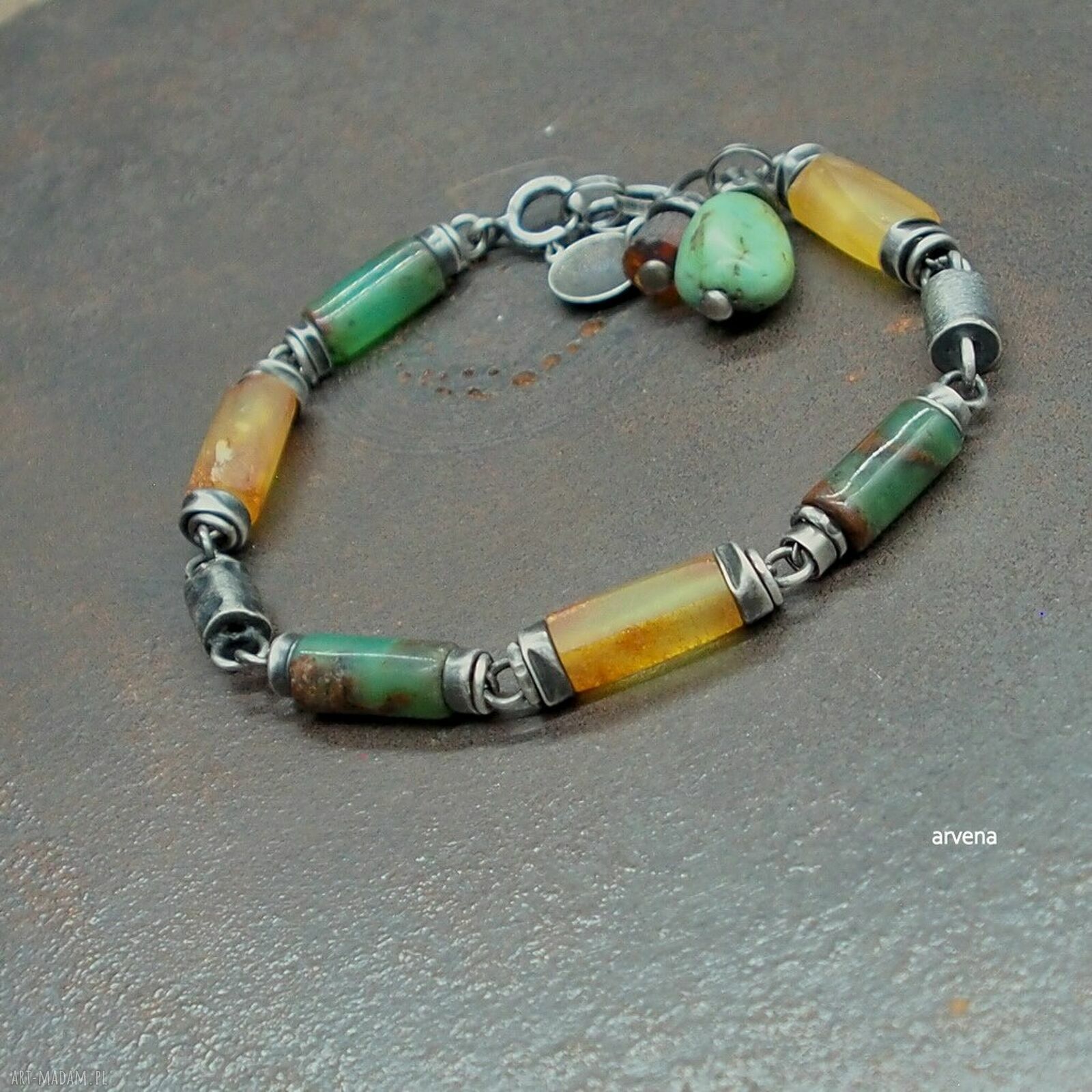 Bransoletka bursztyn i chryzopraz ze srebra 925 oksydowanego - biżuteria autorska handmade