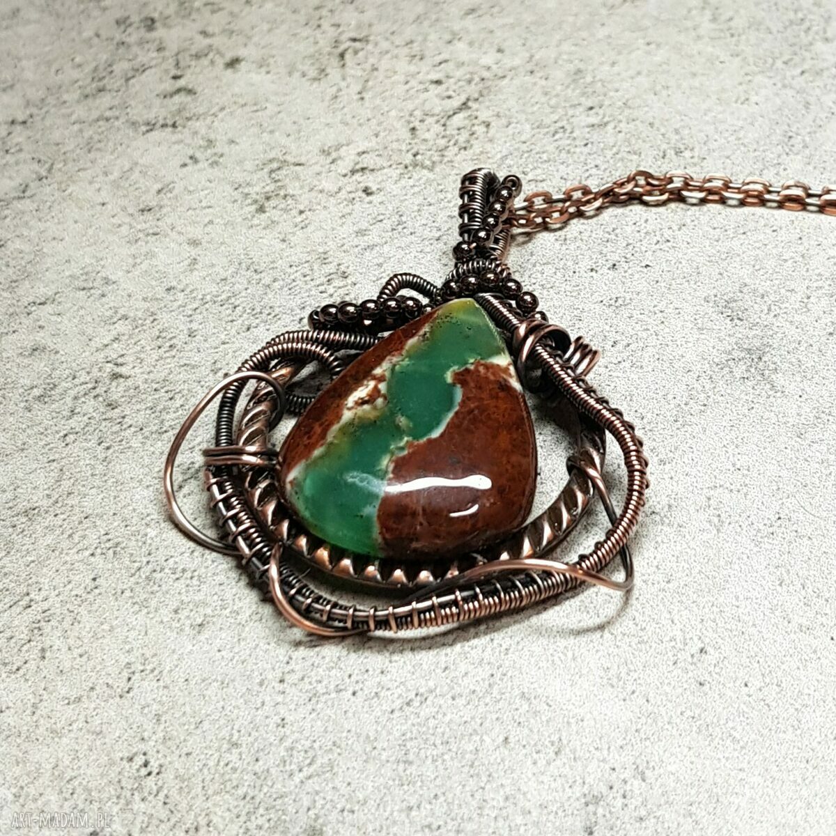 Chryzopraz - kamień szczęścia m217 - miedziany naszyjnik wire wrapping