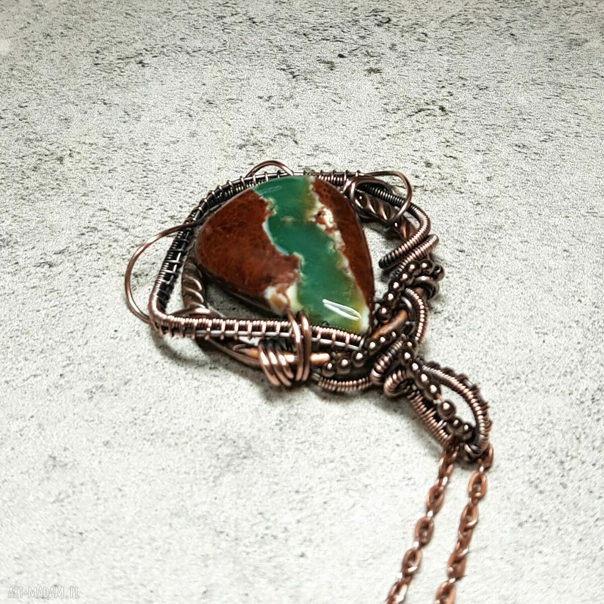 Chryzopraz - kamień szczęścia m217 - miedziany naszyjnik wire wrapping